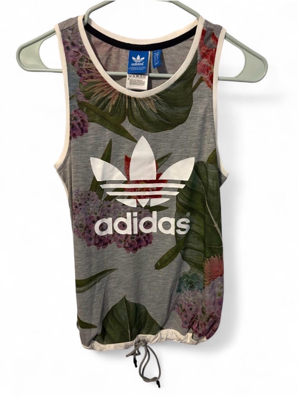 Adidas Originals Train Floral Tank Top Grey Trefoil Drawstring Sz S